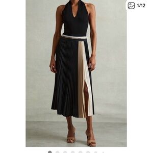 Reiss Black Pleated Midi Skirt with Beige and Cream Panels.Size8